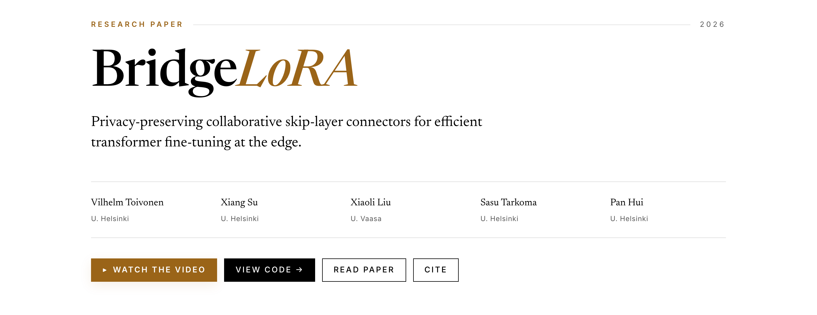 The BridgeLoRA interactive paper page: title, authors, and links to video, code, and paper